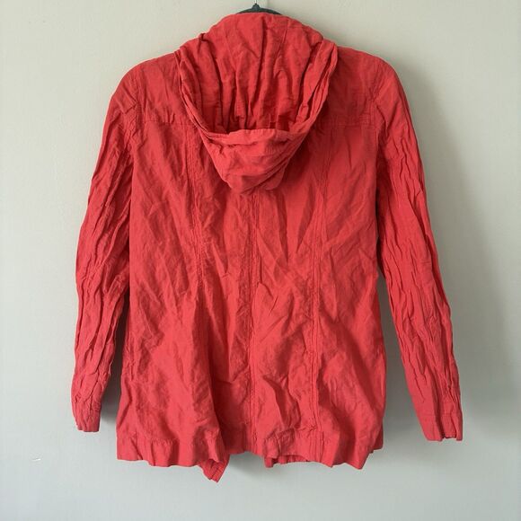 EILEEN FISHER Orange Red Lory Rumpled Cotton Steel Hooded Jacket Small Lagenlook - Picture 4 of 13